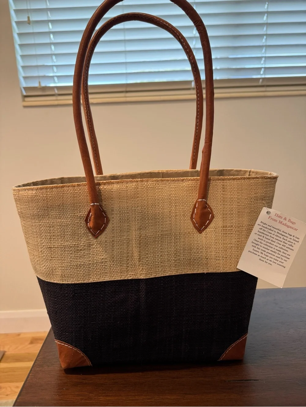 NWT Artisan Handwoven Madagascar Raffia Colorblock Market Tote Leather Trim Bag